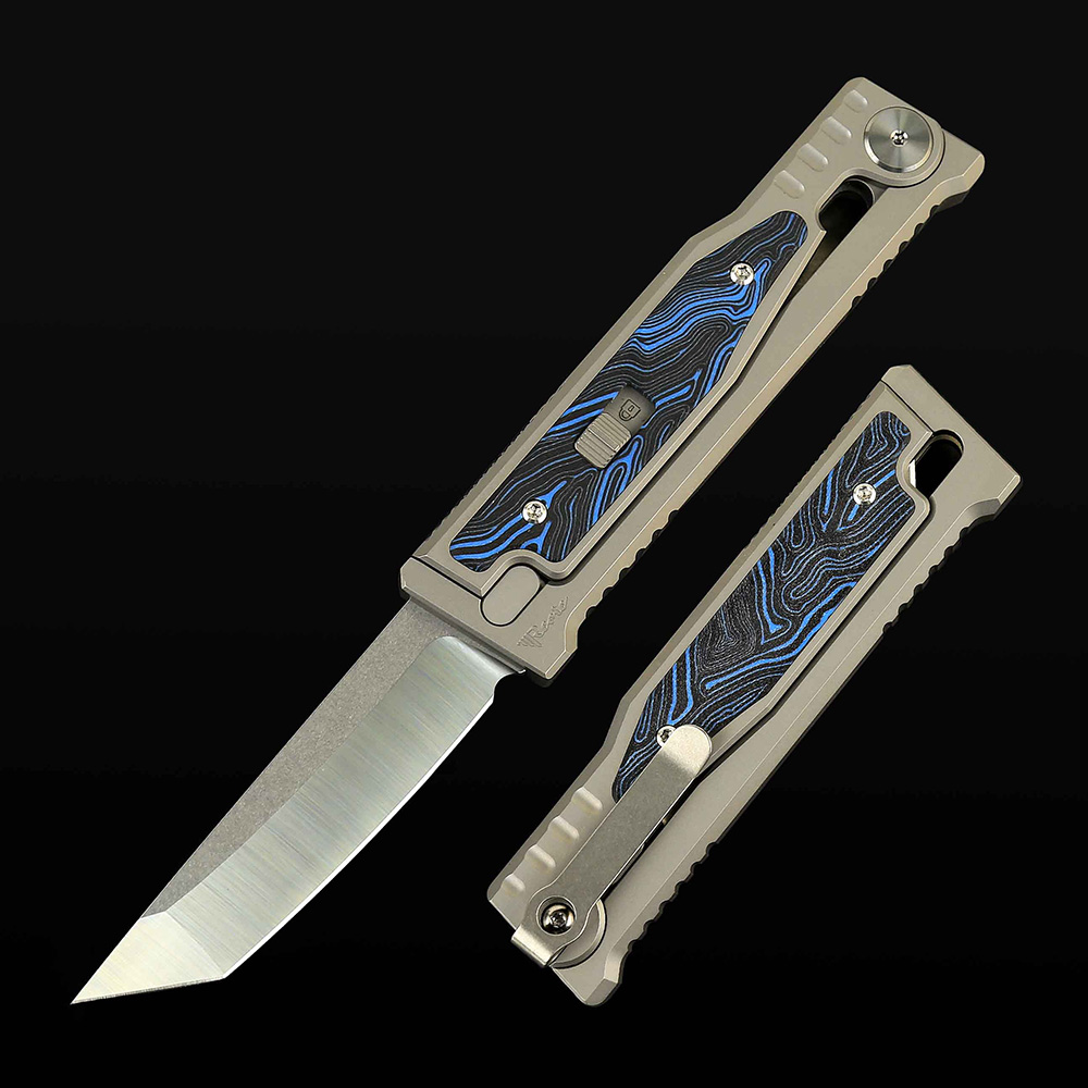 EXO-M Titanium bead blast handle G10 Damascus pattern-- Blue/Black inlay - Satin finish- Tanto