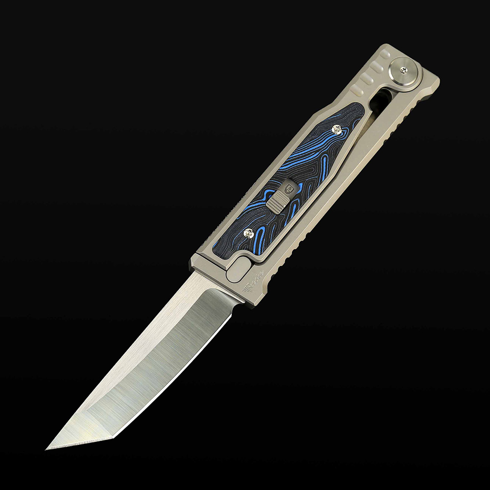 EXO-M Titanium bead blast handle G10 Damascus pattern-- Blue/Black inlay - All satin-Tanto